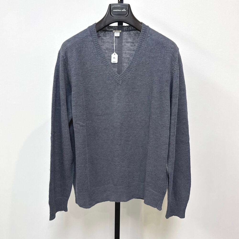 Massimo Alba Grey Linen Silk V-Neck Relaxed Fit Sweater Medium Knit Pullover LS